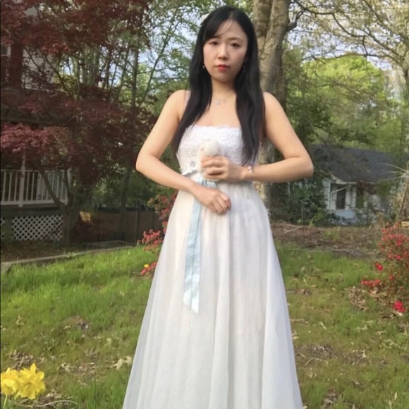 💖Gunne Sax💖Style Romantic Bridal Ivory Blue Ribbon Eyelet Lace Dress Sz S 💐 - Picture 3 of 10